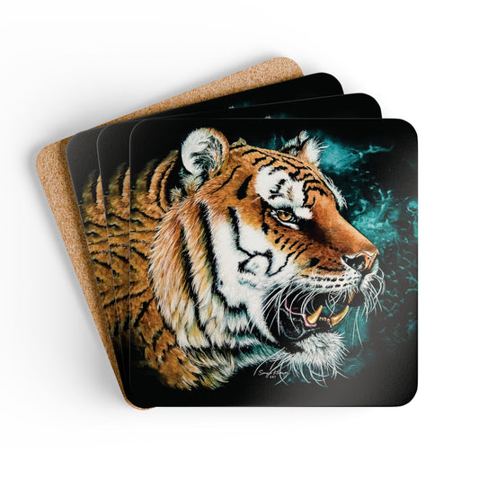 Tiger Portrait - Corkwood Coaster Set