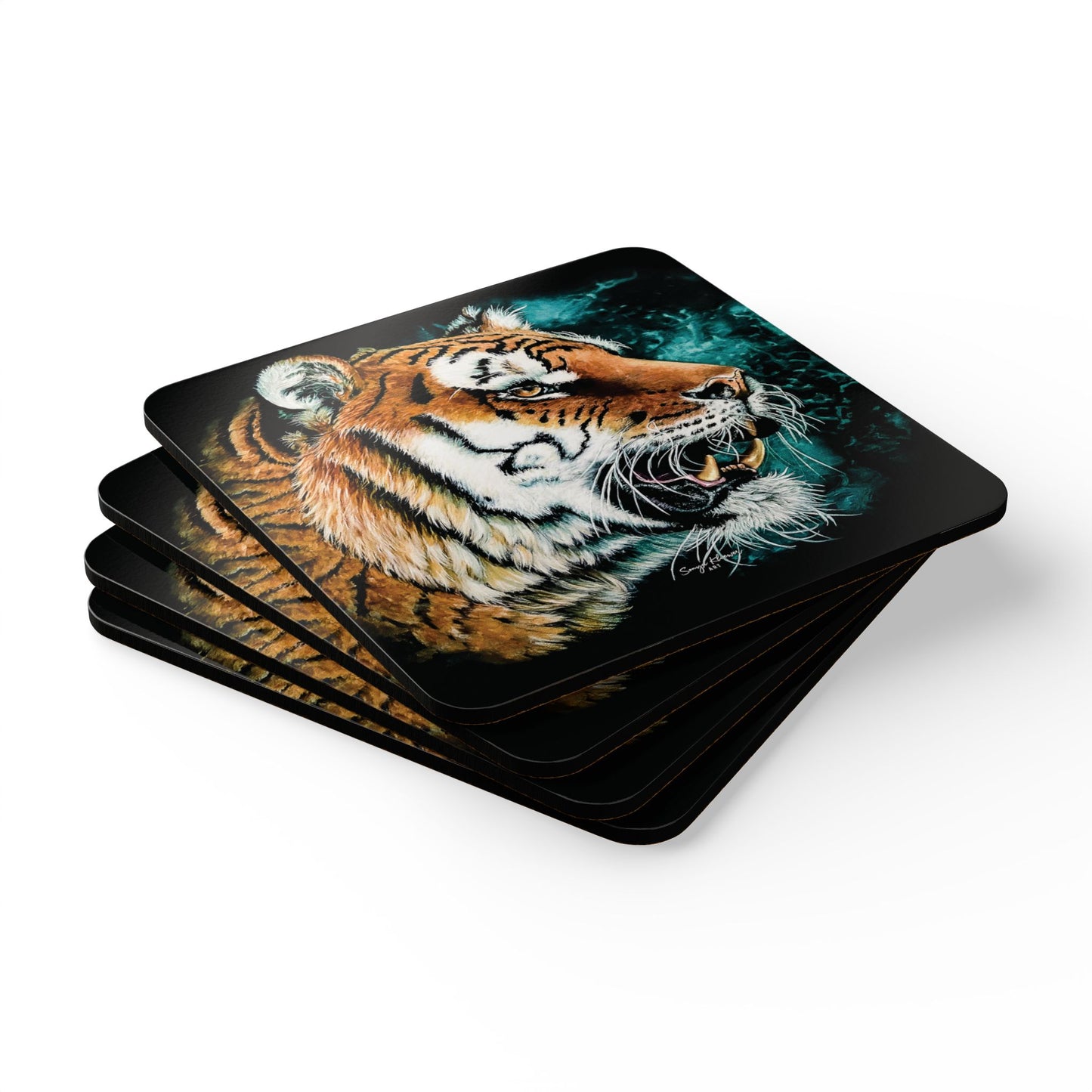 Tiger Portrait - Corkwood Coaster Set